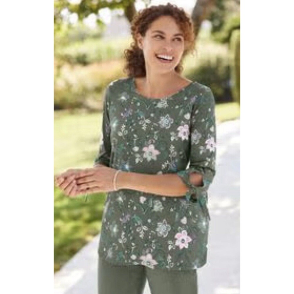 NWOT! Woman Within Tie Sleeve Blouse Size 1X Olive Green Jacquard Floral 22/24